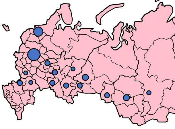 Venäjän suurimmat kaupungit kartalla