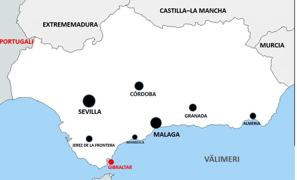 Kartta Andalusia ja aurinkorannikko