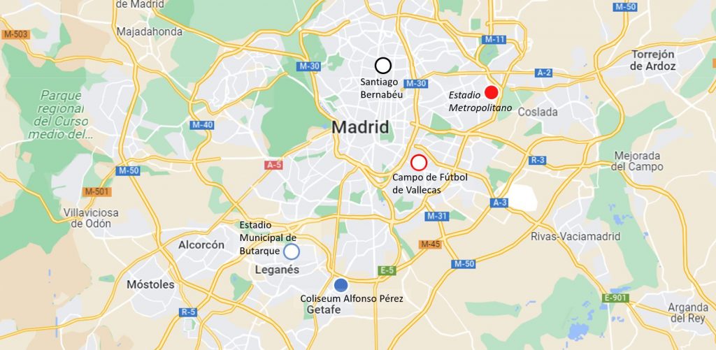 Madrid jalkapallojoukkueet ja -stadionit kartta